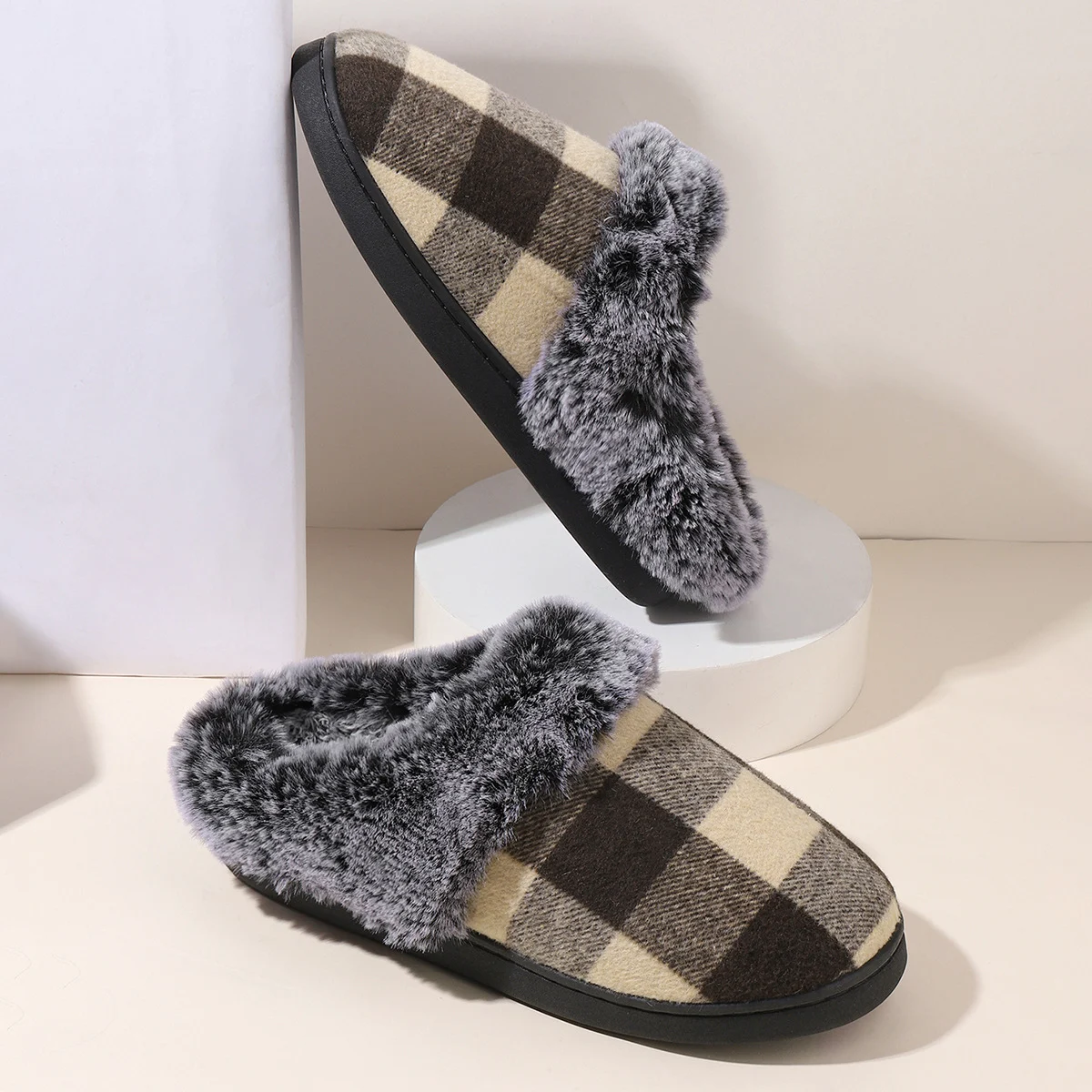 Winter Warm Plaid Plush Slippers Home Indoor Non-slip Bedroom Floor Soft Fuzzy Slipper For Couple Fashion Solid House Sh — photo 4
