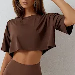 Blusa esportiva de manga curta para mulheres Roupas de yoga ao ar livre Tecido respirável e leve Perfeita para exercícios e atividades físicas. — foto 2
