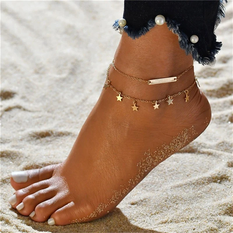 Damen-Fußkettchen mit doppelter Schicht und Pentagramm-Anhänger, ein stilvolles und mystisches Accessoire, das Ihren Look aufwertet. — foto 8