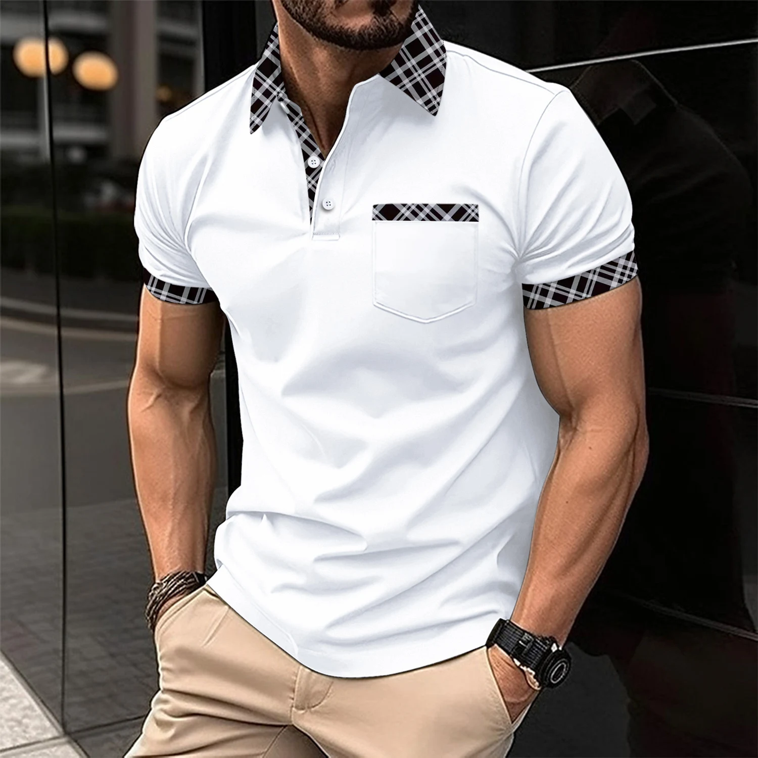 Camisas Polo Esportivas de Manga Curta com Estampa Xadrez e Cores Combinadas, Estilo Europeu e Americano, Conforto e Performance — foto 4