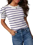Dames gestreepte gebreide top met korte pofmouw Casual en comfortabel T-shirt Perfect voor dagelijks gebruik. Trendy damesmode voor zomerse outfits — foto 3