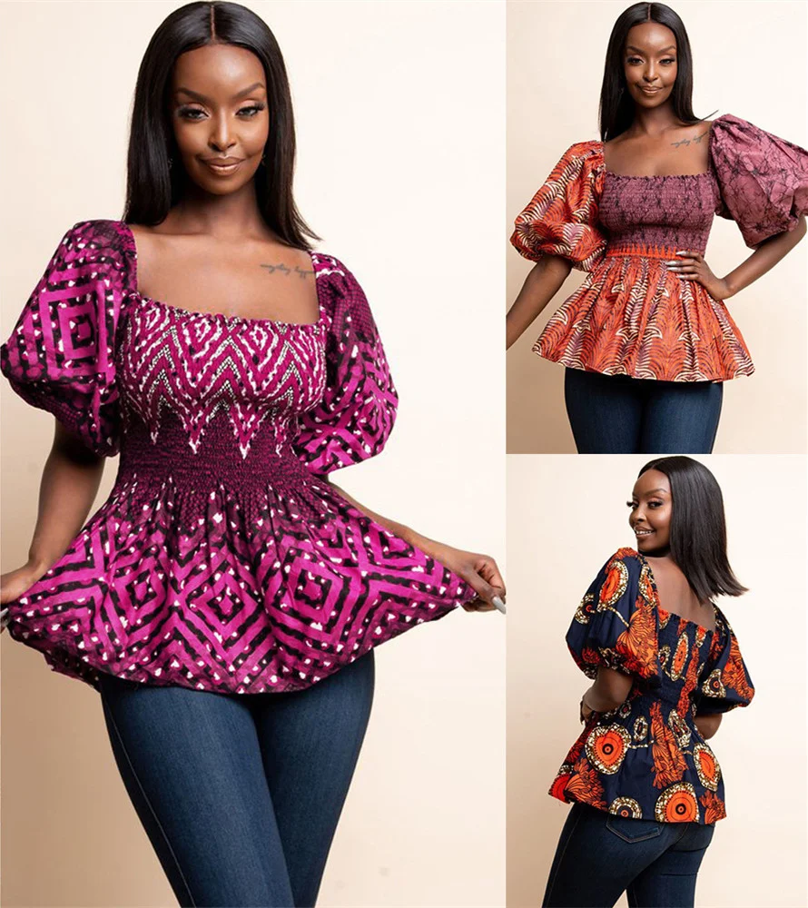 African Style Digital Print Sexy Square Neck Lantern Sleeve Casual Top. Comfortable, stylish, and perfect for everyday w — photo 1
