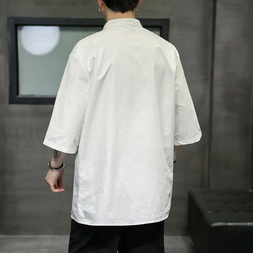 Title 4, Mens disc button stand collar cotton and linen...