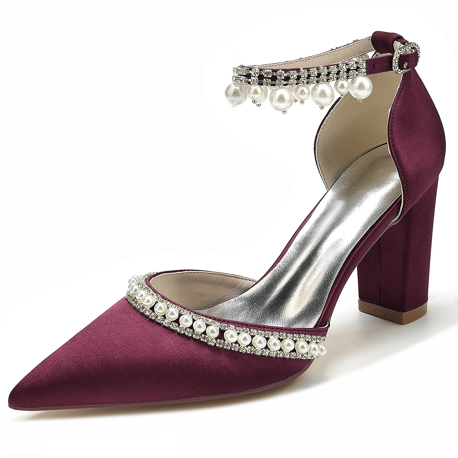 Elegante Satin Pumps mit spitzem Zehenbereich, Blockabsatz, Strass und Kristallkette für stilvolle Auftritte und besonderen Glanz. — foto 7