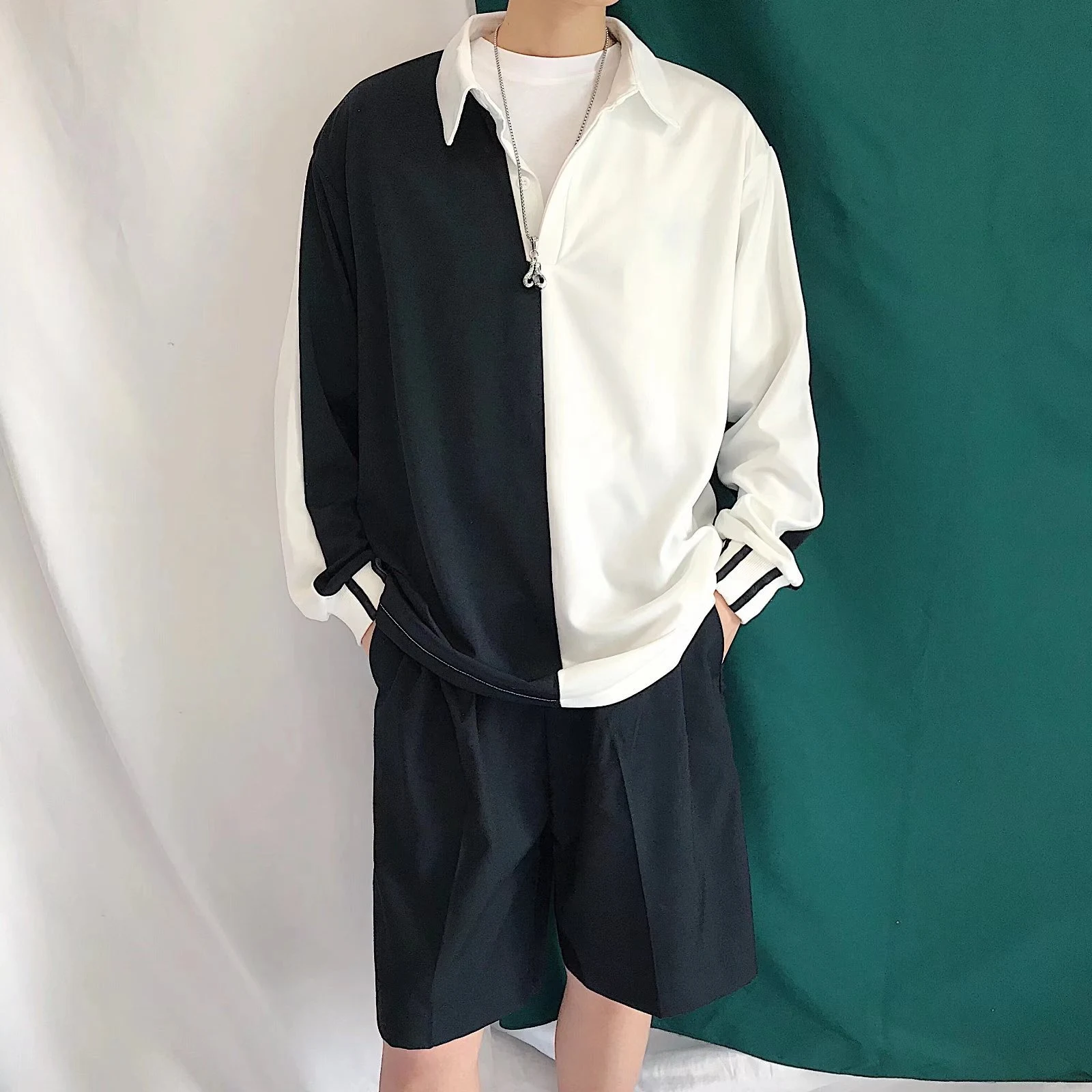 Men's Long Sleeve Trendy Black And White Colorblock Shirt, offering a stylish look and comfortable fit for everyday wear — photo 3