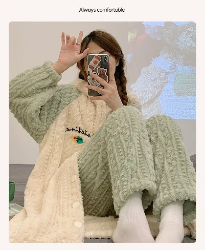 Title 4, Womens Thickened Warm Sweet Cartoon Pajamas Set