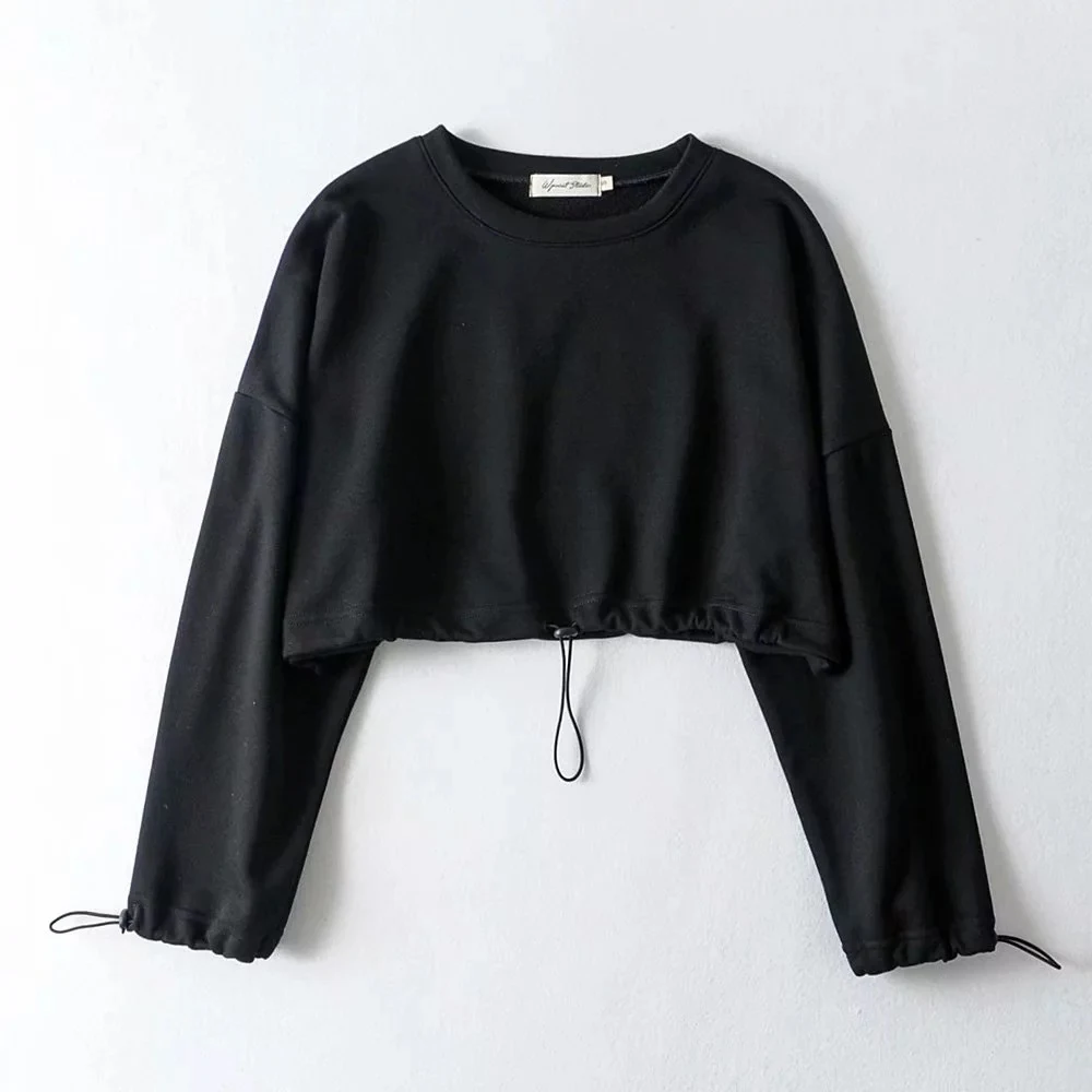 Sudadera holgada de color liso con dobladillo con cordón y cintura alta con cuello redondo — foto 5