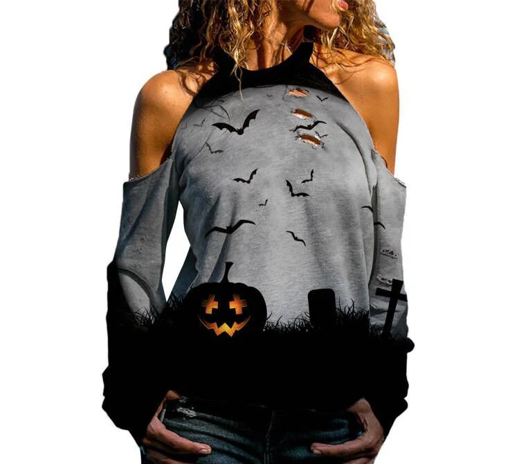 Schulterfreies, bedrucktes Halloween-Oberteil für Damen, lässiges, lockeres, langärmliges T-Shirt mit Nähten — foto 4