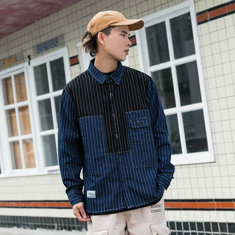 Title 10, Japanese Style Autumn Striped Denim Shirt Mens...