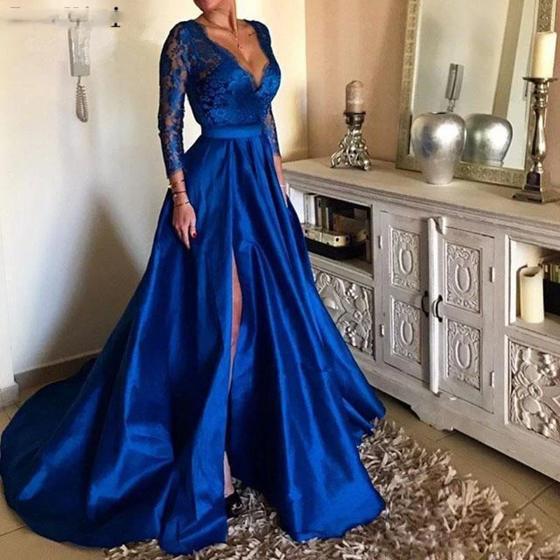 Title 5, Vestido de noite com decote em V de renda e sai...