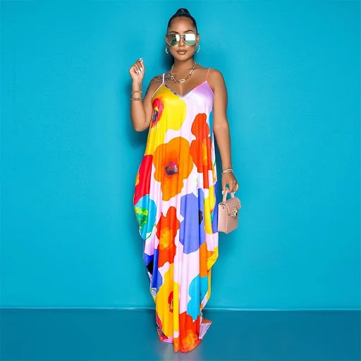 Title 5, Tie-dye Printing V-neck Brace Mopping Dress