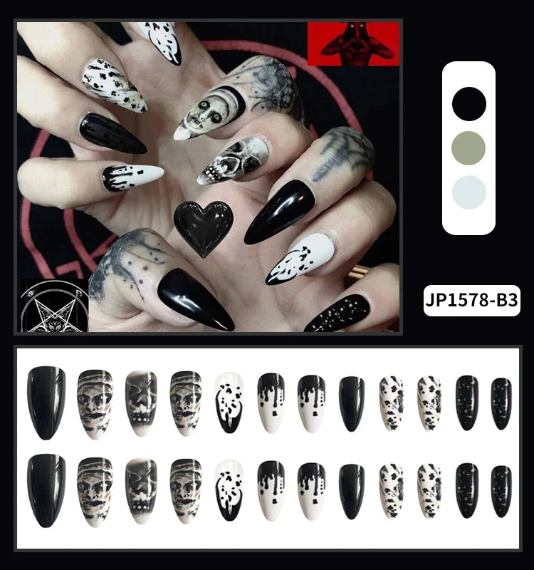 Long almond water drop fake nail patches for Halloween with skull design. Easy wear manicure for a spooky and stylish lo — photo 10