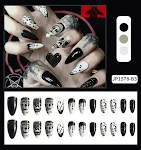 Long almond water drop fake nail patches for Halloween with skull design. Easy wear manicure for a spooky and stylish lo — photo 10