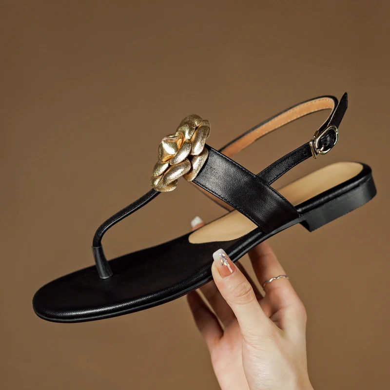 Sandali donna in pelle di pecora stile preppy con fiore, infradito, punta aperta, flat, perfetti per l'estate e comodi — foto 1