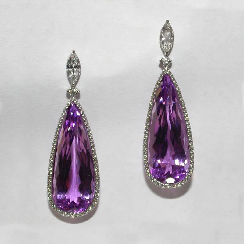 Pendientes largos de novia para mujer con circonitas moradas microincrustadas, perfectos para bodas, elegantes y deslumbrantes. — foto 2