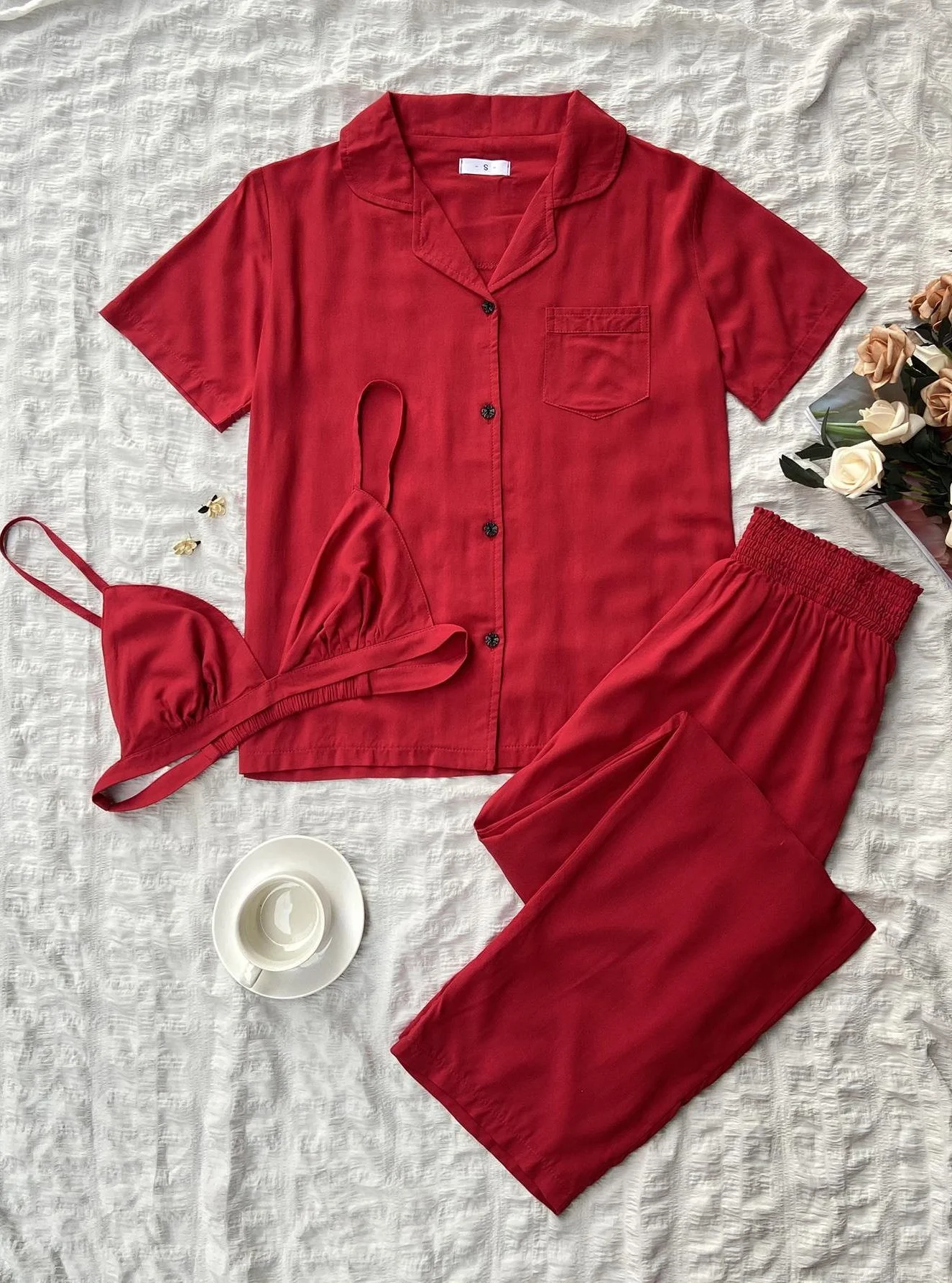 Conjunto de tres piezas de pijama para el hogar de cárdigan de manga corta para mujer — foto 13