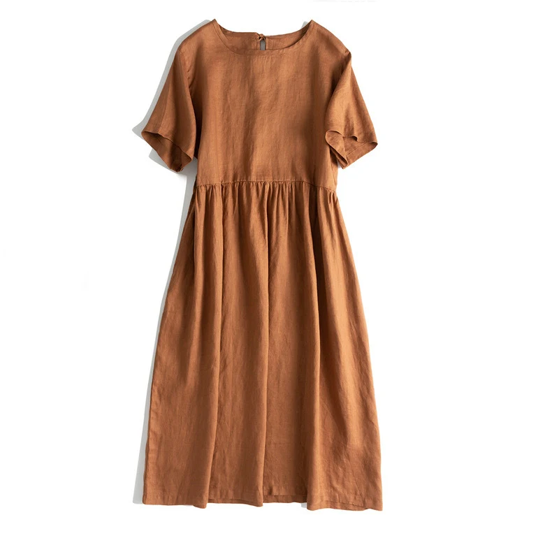 Title 3, Elegant Cotton And Linen Art Round-neck Mid-sle...