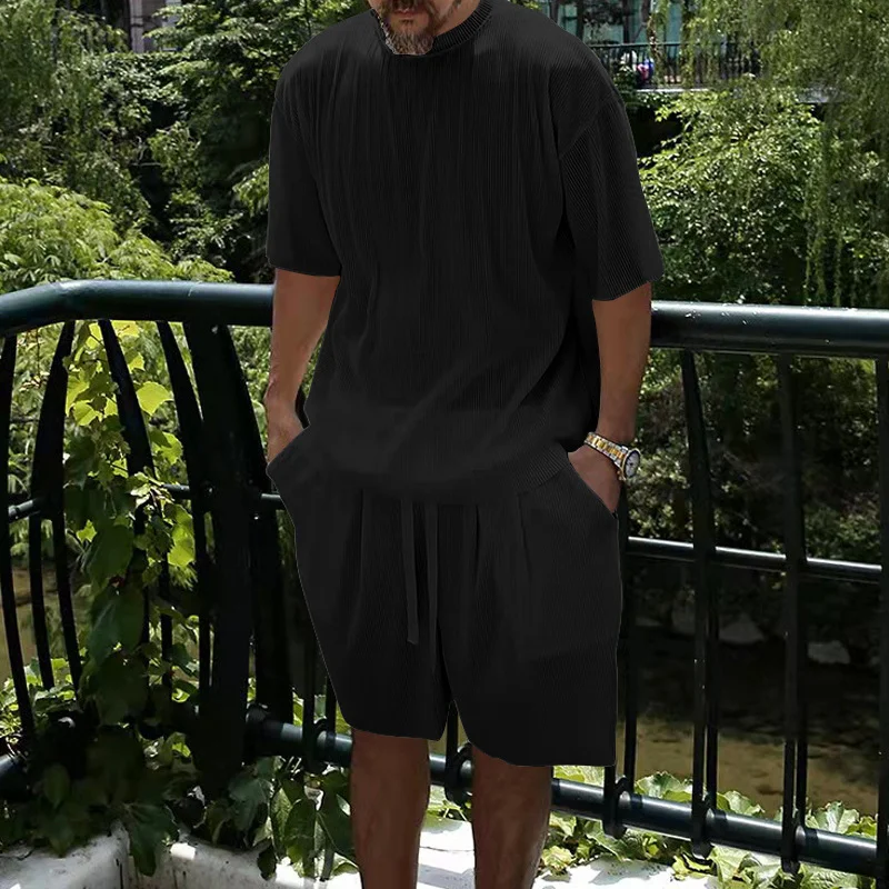 Ice Silk Men's Casual Suit with Sunken Stripe Short Sleeve and Shorts — photo 19