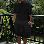 Ice Silk Men's Casual Suit with Sunken Stripe Short Sleeve and Shorts — photo 19