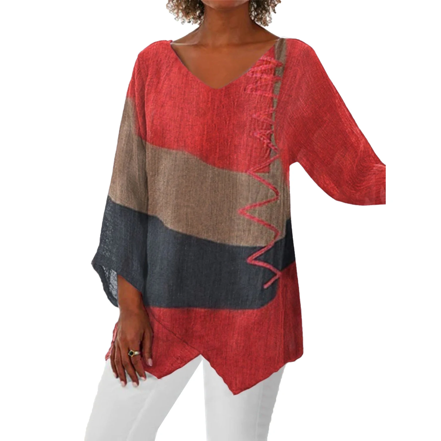 Title 3, New Womens Casual Loose V-neck Retro Top, Arti...
