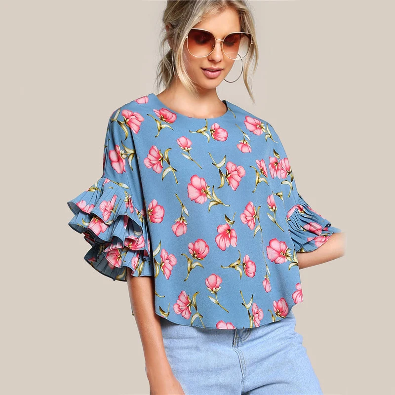 Dames T-shirt ronde hals lotusblad dubbele laag klokmouw korte chique top – perfect voor een elegante look. — foto 11