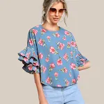 Dames T-shirt ronde hals lotusblad dubbele laag klokmouw korte chique top – perfect voor een elegante look. — foto 11
