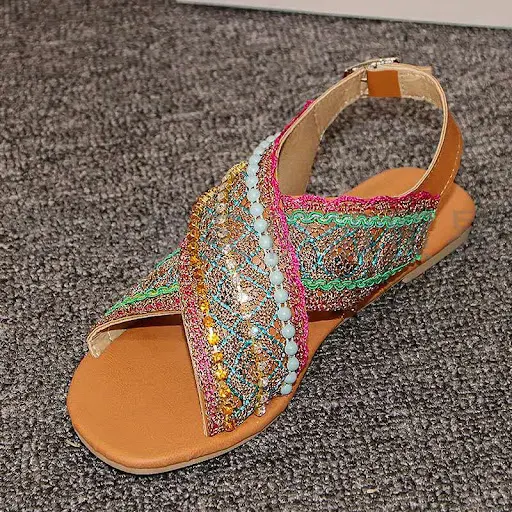 Title 2, Bohemian colorblock beaded flat buckle toe sand...
