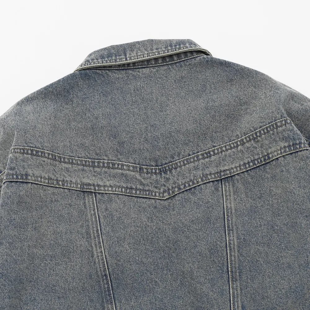 Jaqueta Jeans Retro Workwear com Bolsos e Zíper para Primavera e Outono. Roupa Confortável e Durável para o Dia a Dia. — foto 8