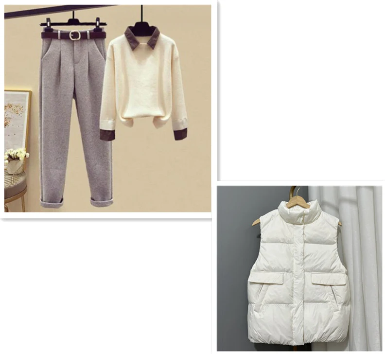 Conjunto de três peças feminino, top sem mangas com efeito rejuvenescedor, calças casuais, look moderno e confortável. — foto 2