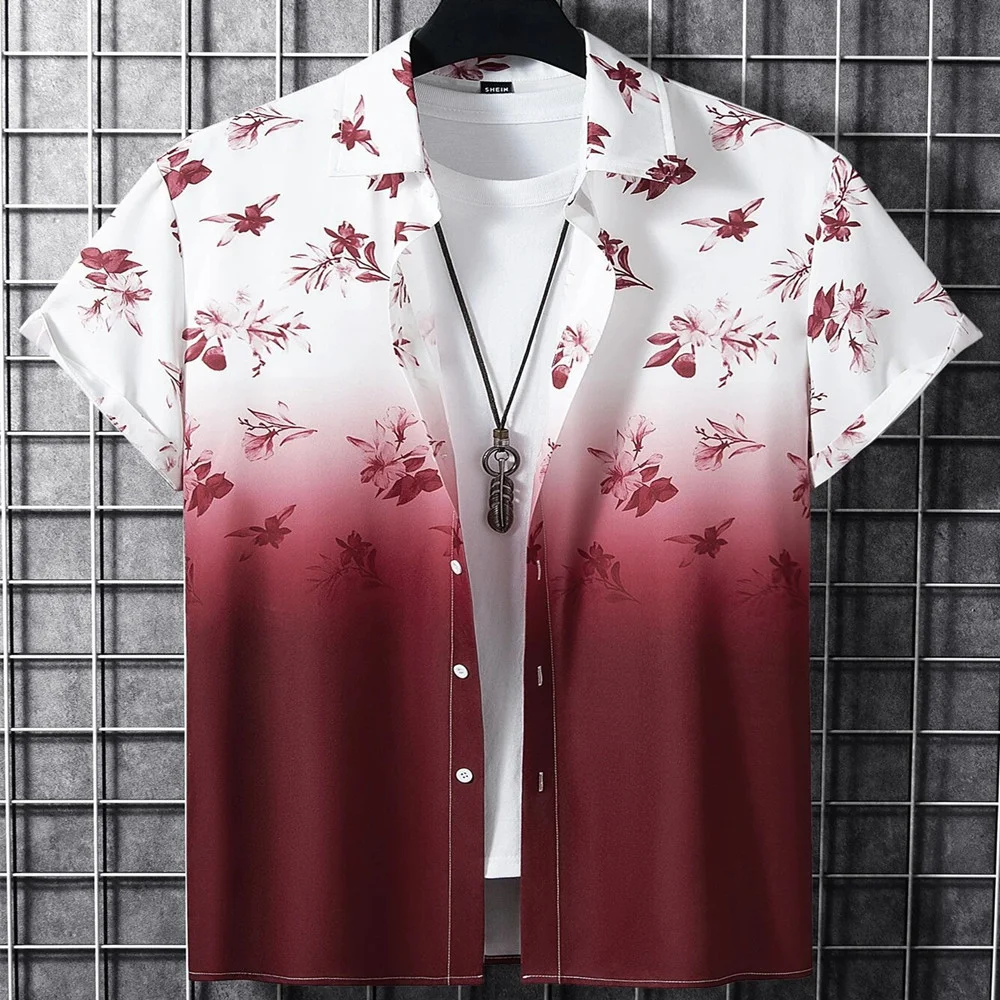 Men's Summer Bohemian Style Loose Floral Print Gradient Color Street Lapel Short Sleeve Shirt. Perfect for warm weather — photo 20