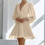Vestido largo de gasa francesa con cuello en V, manga larga, moda otoño caqui, cintura ajustada, corte en A. Elegancia. — foto 3