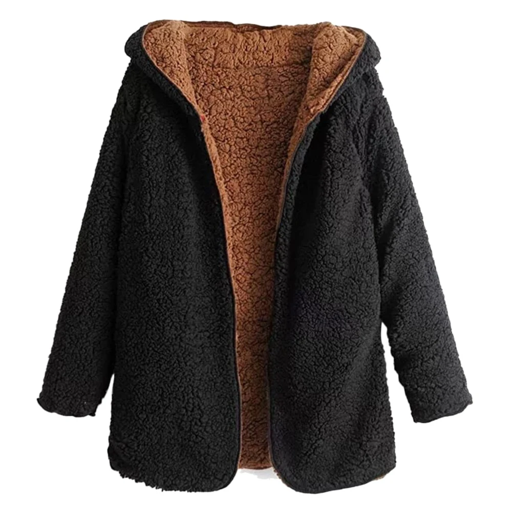 Hooded lamb fur coat, loose texture, a cozy and stylish female coat providing warmth and comfort during winter. — photo 5