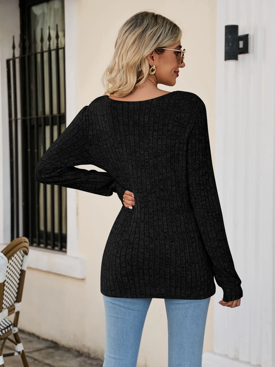 Title 12, Square Collar Hollow Striped Brushed Casual Lon...