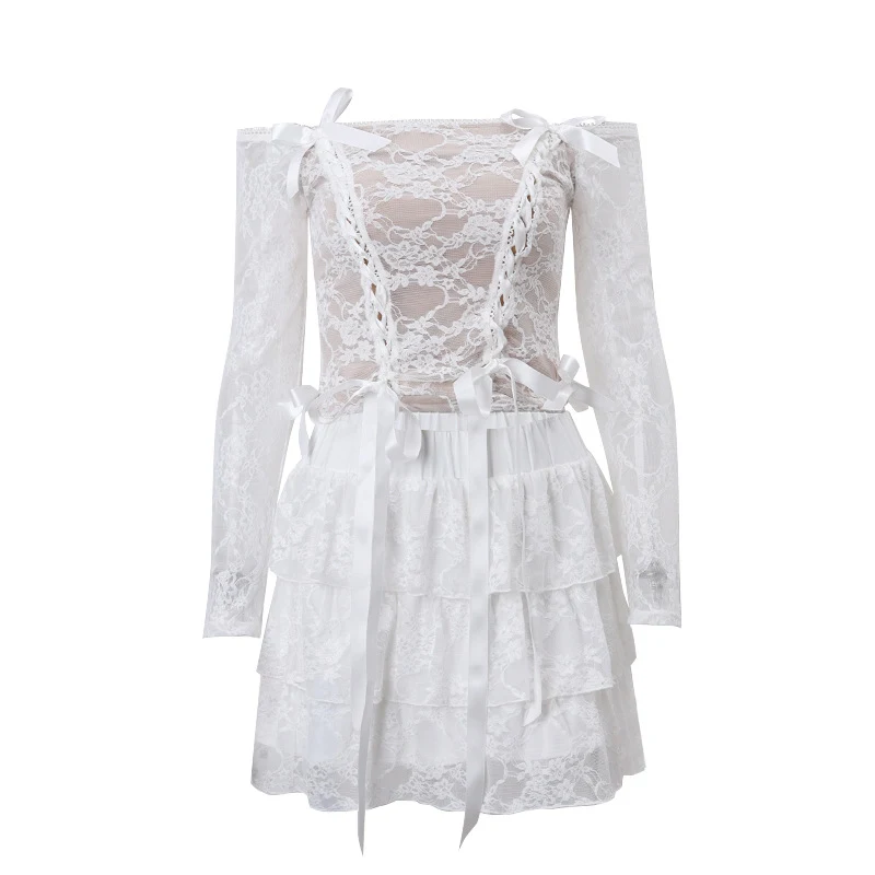 Conjunto de saia e top sexy de manga longa com amarração em renda, ideal para um visual elegante e moderno em diversas ocasiões. — foto 14