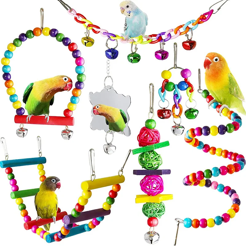 Title 1, 7pcs Pack Wood Parrot Toys Bird Toy Cage Bird A...