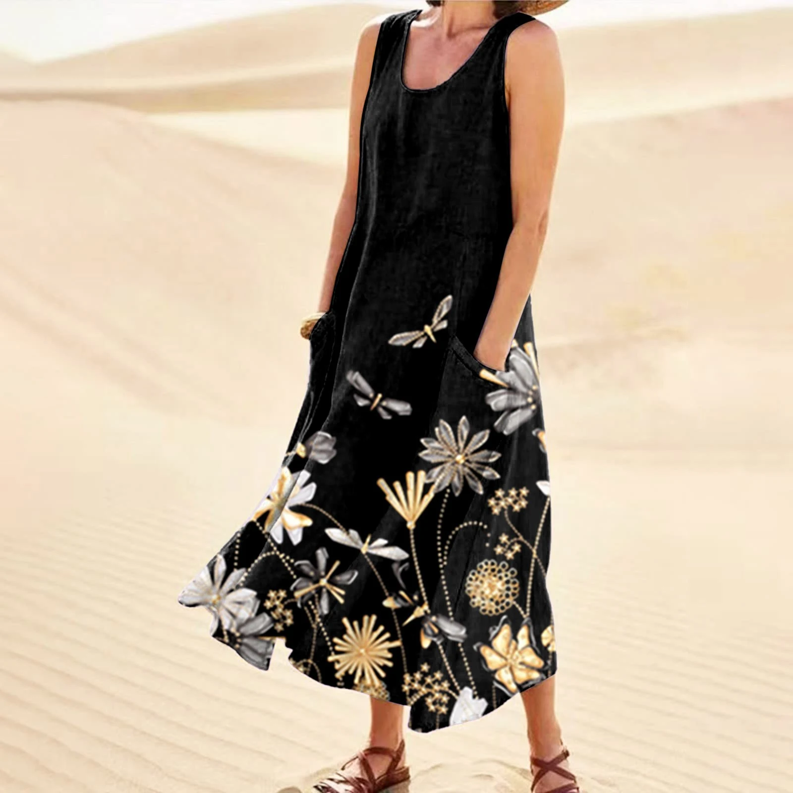 Title 4, Printed Loose Waist Mid-skirt Black Vest Dress