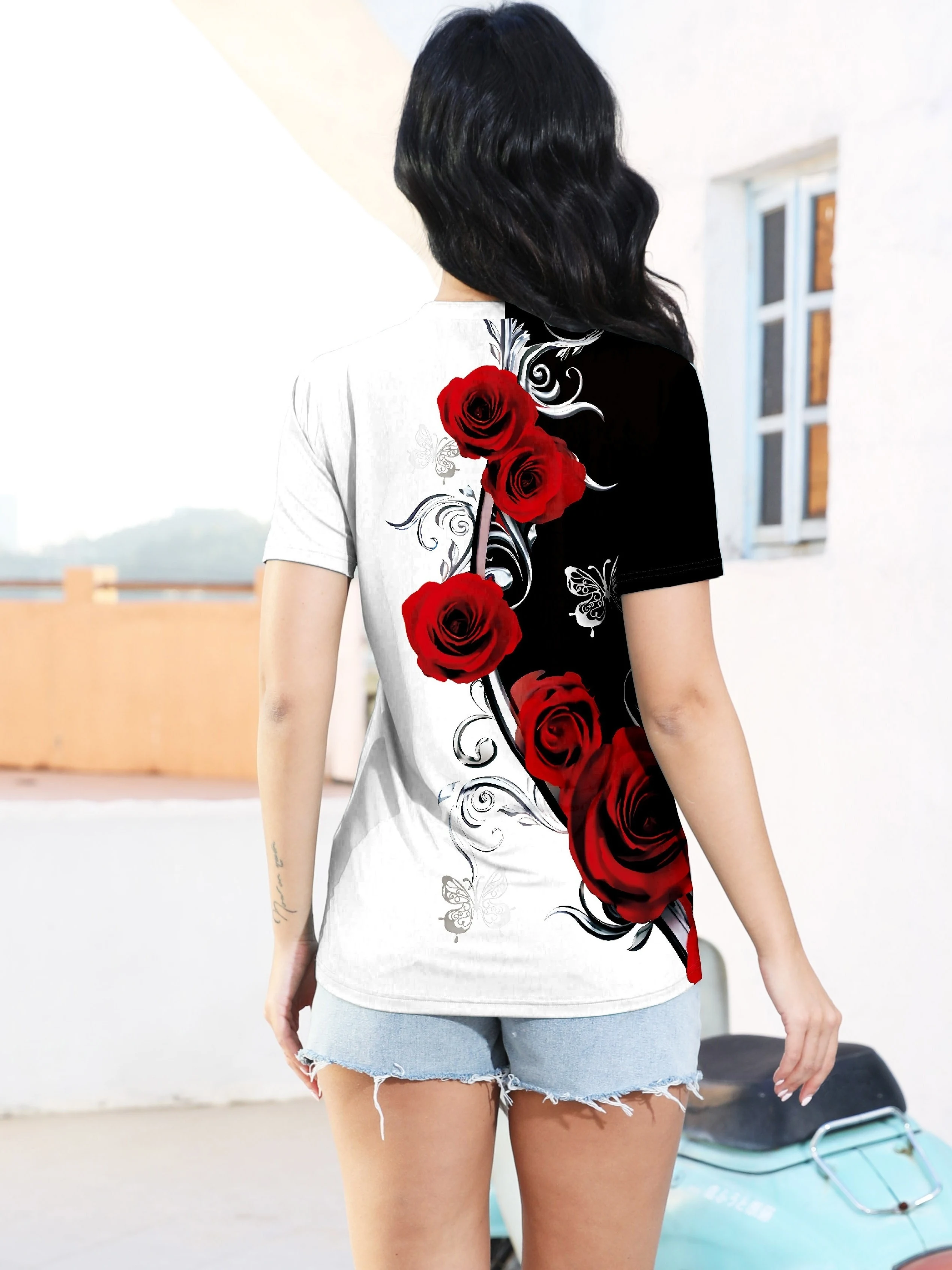 Title 7, Elegant V-neck Rose Butterfly Printed Short Sle...