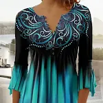 Women's 3D Digital Printed Half Cardigan V-neck Small Button Long-sleeved Top — photo 5