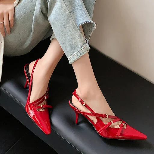 Title 5, Womens Red Stiletto Heels with Belt Buckle, Po...