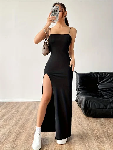 Title 4, Solid Color High Slit Slim Sleeveless Sling Dress