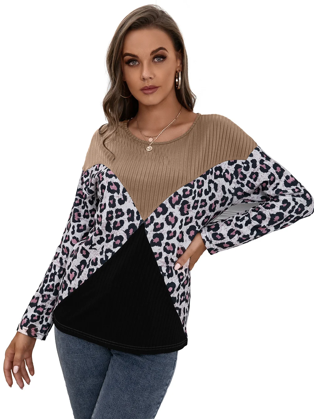 Title 26, Leopard Print Stitching Casual Loose Long Sleev...