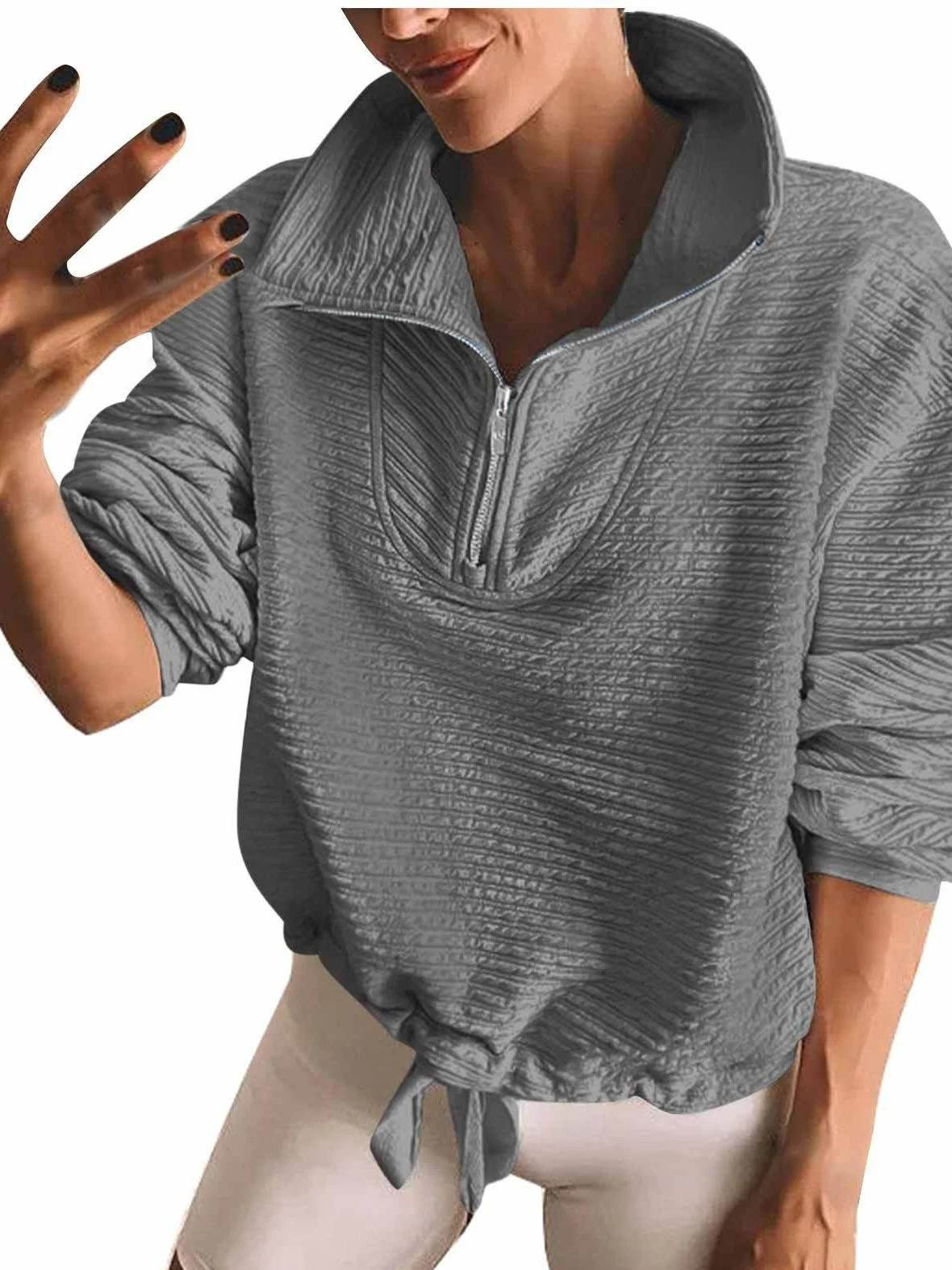 Moletom com meia zíper, lapela e cordão, ideal para primavera, outono e inverno. Um suéter estiloso e aconchegante para você. — foto 9