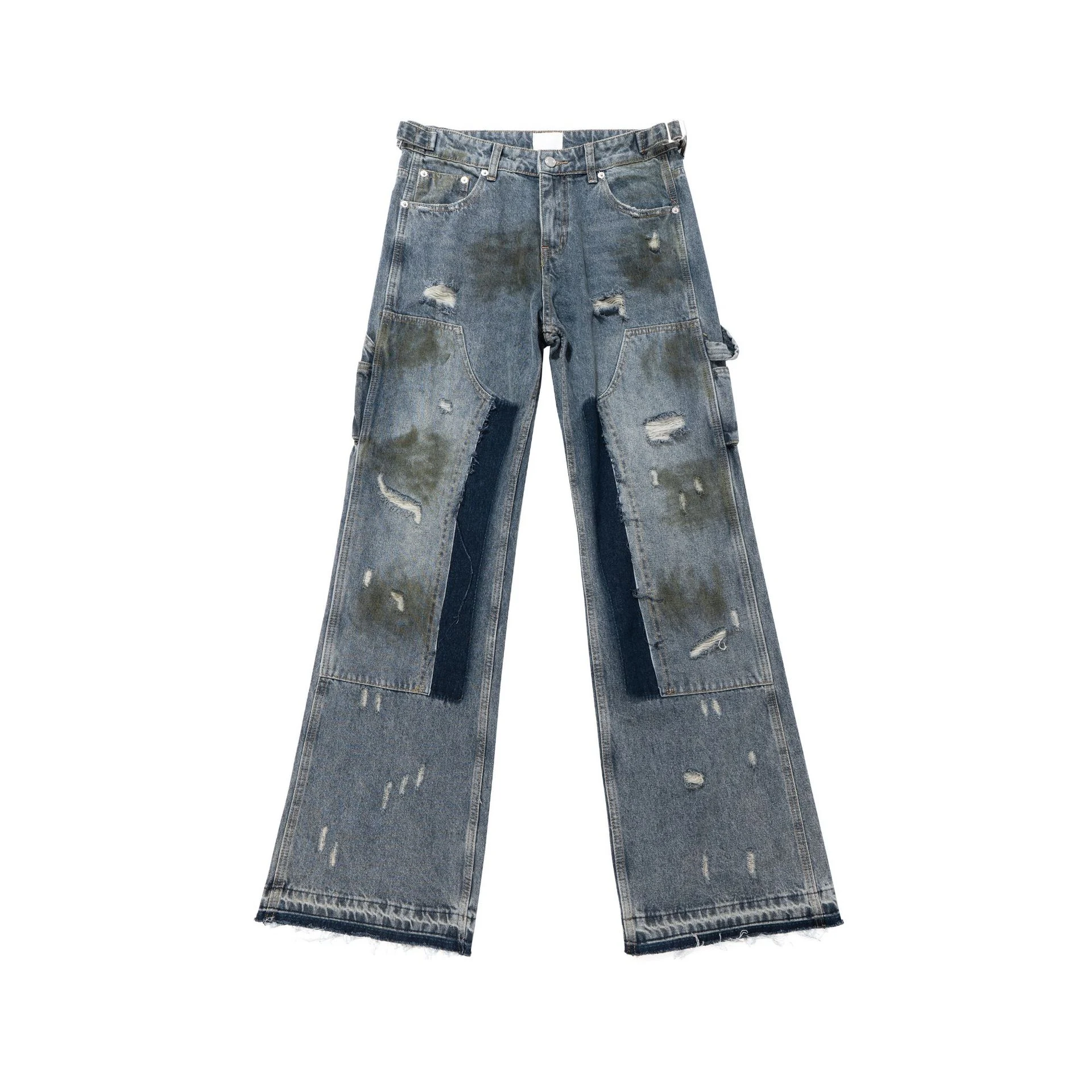 Pantalones sueltos acampanados vaqueros sucios teñidos con barro. Comodidad y estilo bohemio. Perfectos para un look relajado y moderno. — foto 4
