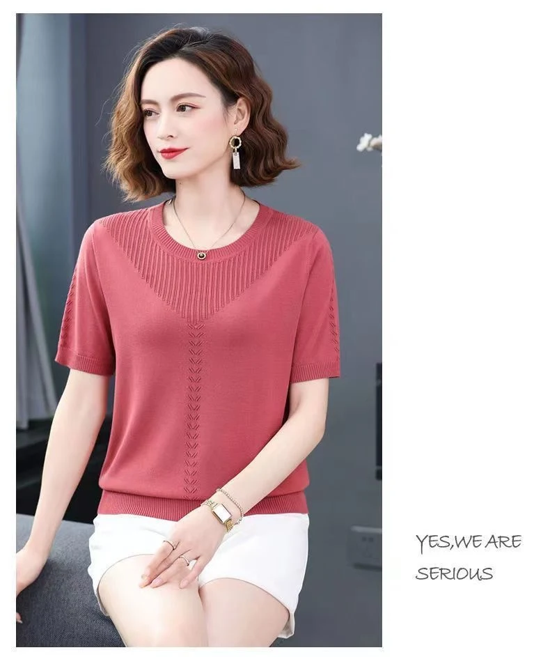 Title 13, Summer Hollow-out Ice Silk Short Sleeve Middle-...