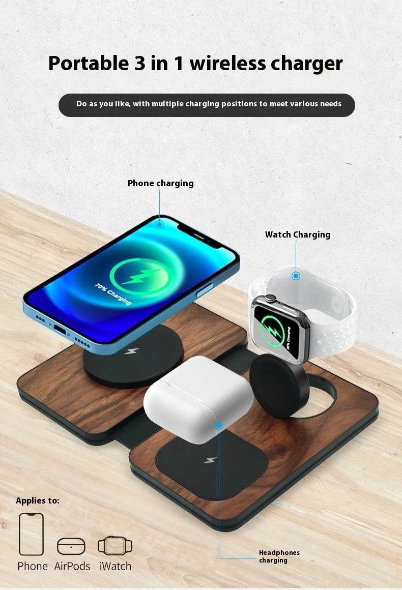 Title 1, Three-in-one Walnut Magnetic Wireless Charger P...