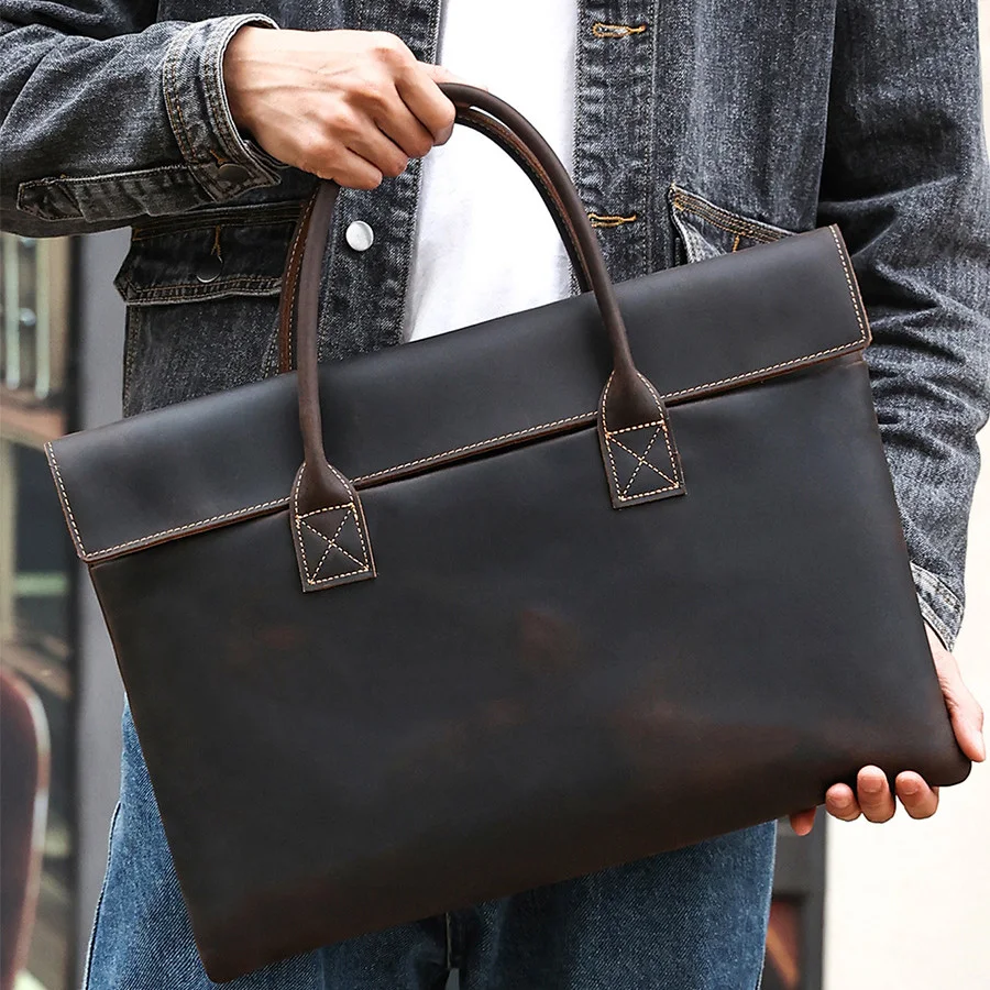 Title 4, Crazy Horse Leather Mens Handbag Thin and Port...