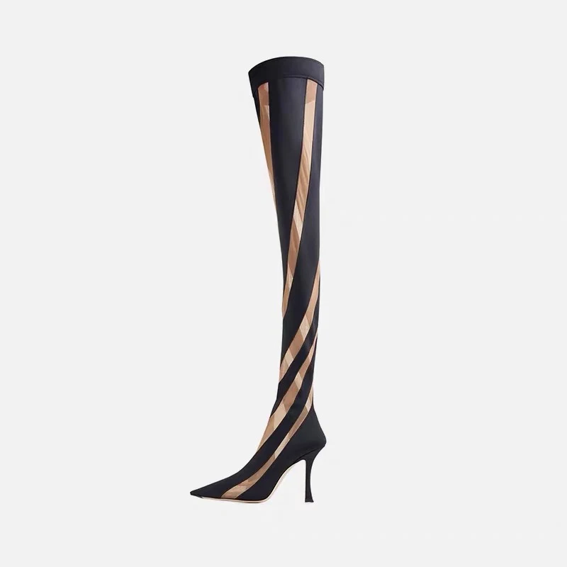 Tacchi alti donna sopra il ginocchio con punta a spillo e mesh traforato, perfetti per un look seducente ed elegante. — foto 5