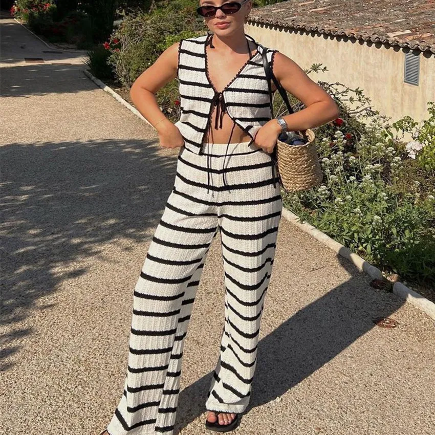 Dames Casual Tweedelige Set Gebreid Vest met Veters Top Casual Broek Comfortabele en Modieuze Dameskleding voor Dagelijks Gebruik — foto 14