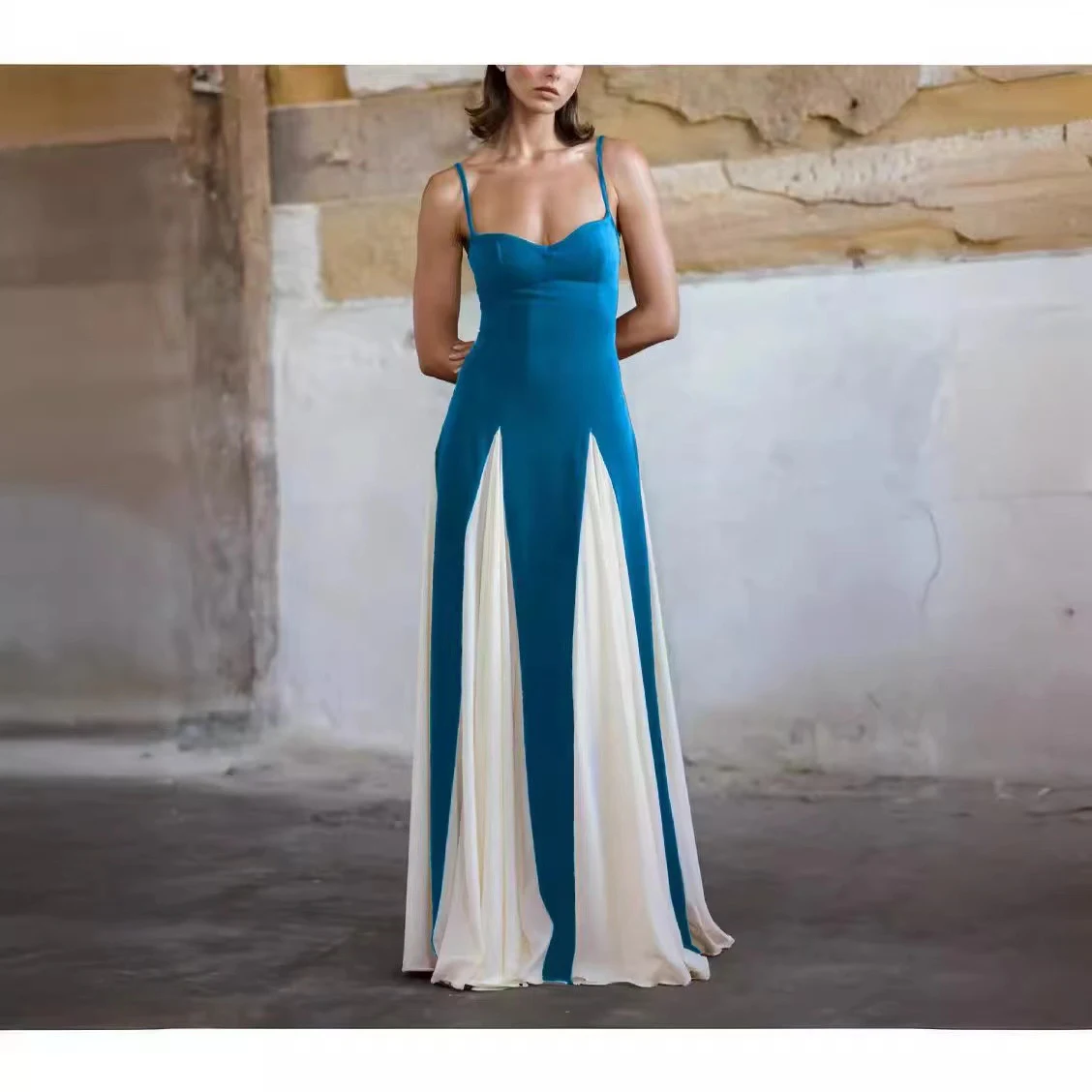 Summer New Fashion Color Contrast Stitching Cinched Waist Slim-fit Sling Dress — photo 9