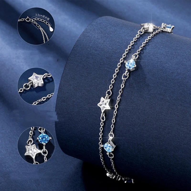 Pulseira Estrela Dupla Camada Feminina S925 Prata Esterlina Charme Elegante Joia Delicada Presente Perfeito Design Estelar Sofisticado. — foto 3